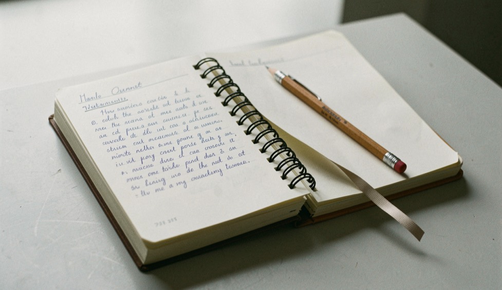 Un carnet à spirale ouvert sur une page de notes manuscrites datées, un journal plié à côté, un crayon à papier posé dans la pliure, lumière de matin sur un plan de travail clair.