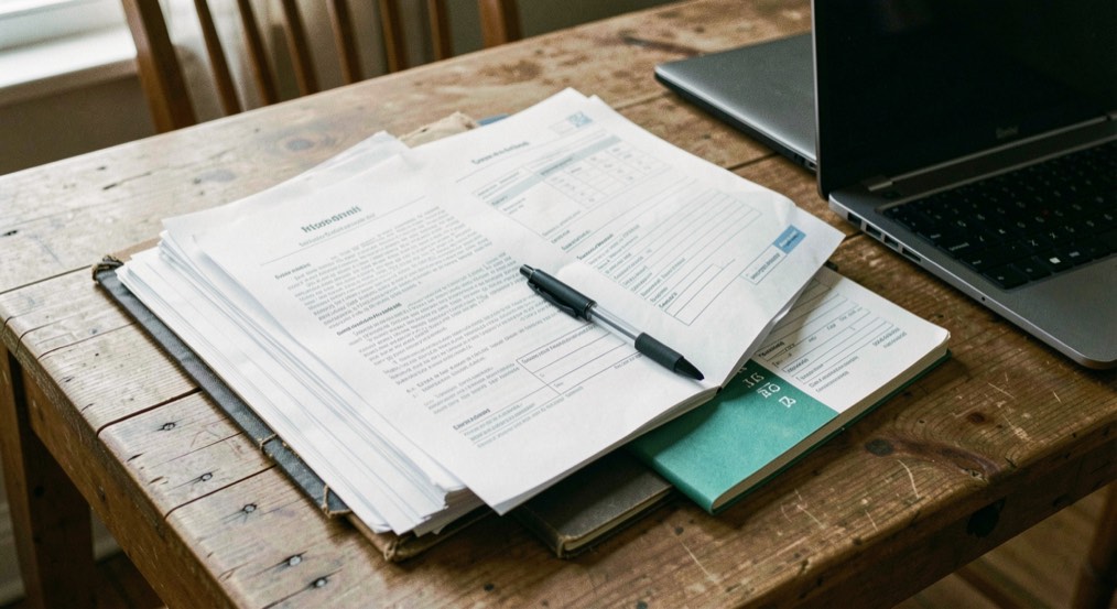 Une chemise cartonnée ouverte sur une table, des formulaires imprimés empilés, un stylo posé sur la première page, un ordinateur portable fermé et un cahier d’élève glissé sous la pile.