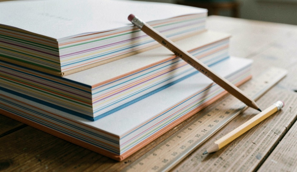 Trois cahiers ouverts alignés sur une table, du plus grand lignage au plus fin, la même lettre tracée dans chacun, de plus en plus petite et régulière, règle en bois posée en travers du dernier.