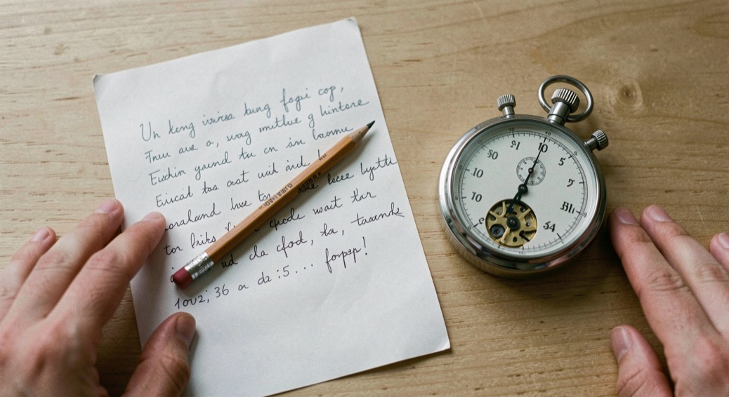 Un chronomètre mécanique posé à côté d’une feuille de copie remplie d’une écriture rapide, un crayon à papier en travers, les mains hors du cadre, table de bois clair sous une lumière égale.