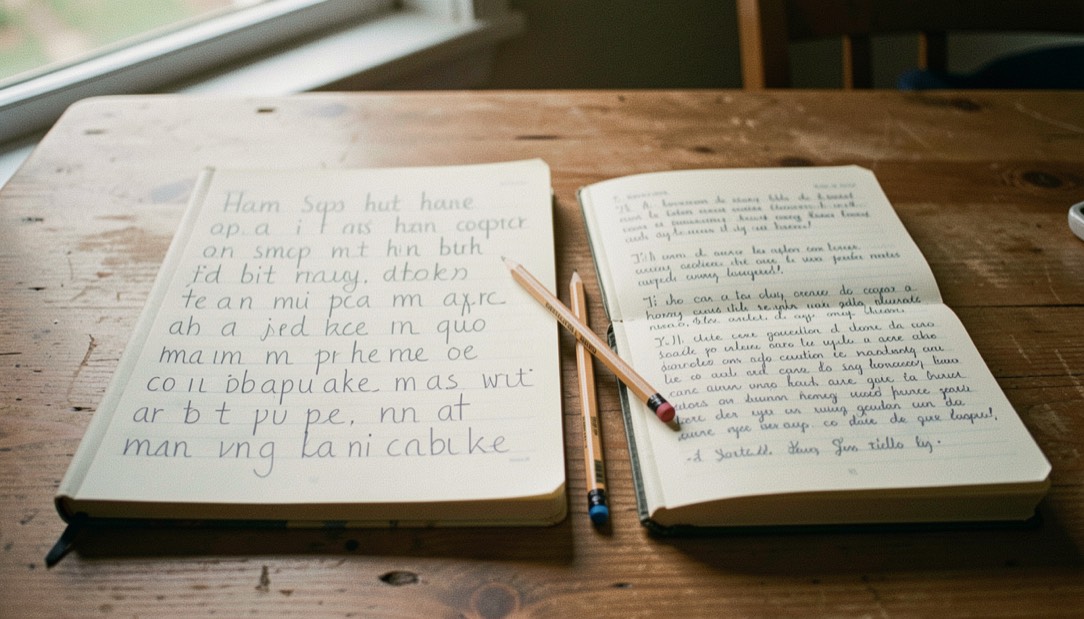 Un cahier d’écolier aux lettres hautes et tremblées et un carnet d’adulte aux notes serrées, posés côte à côte sur une table de bois, un crayon posé en travers entre les deux, lumière latérale de fenêtre.