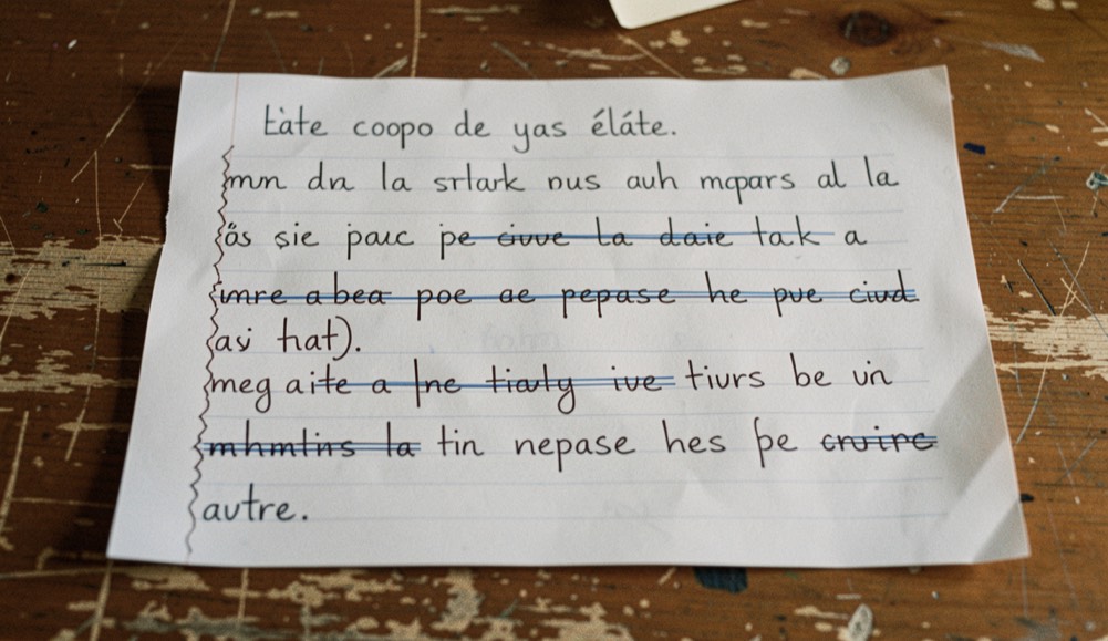 Une copie d’élève posée sur une table, les lettres de tailles inégales et mal fermées, plusieurs mots repassés deux fois au stylo, la marge gauche mangée progressivement ligne après ligne.