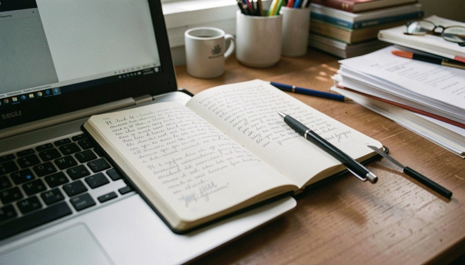Un carnet ouvert couvert d’une écriture cursive dense posé sur un clavier d’ordinateur portable, un stylo dans la pliure du carnet, lumière de fin de journée sur un bureau encombré.