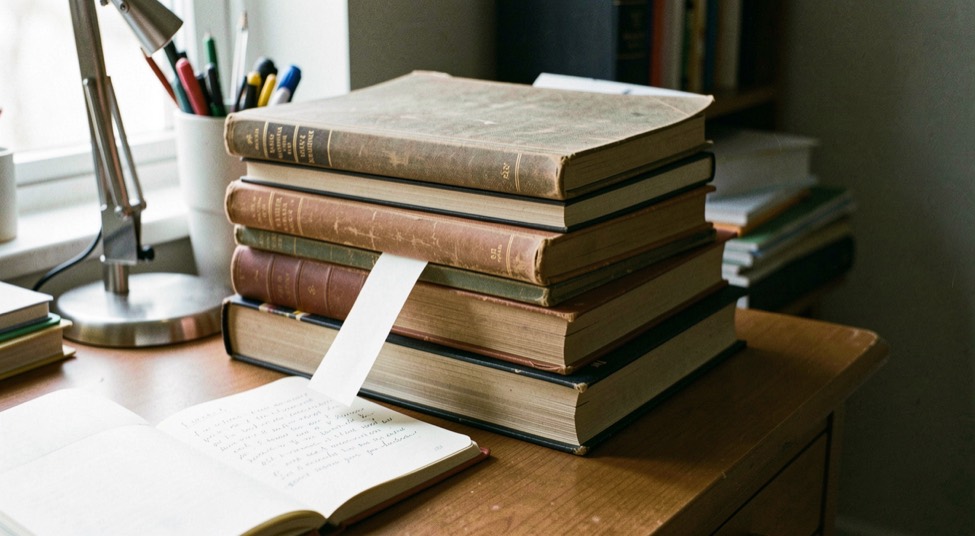 Une pile de six livres reliés posée sur un bureau, un carnet ouvert montrant quelques lignes manuscrites posé sur la pile, un marque page en papier dépassant du troisième, une lampe articulée éclairant le tout de biais.