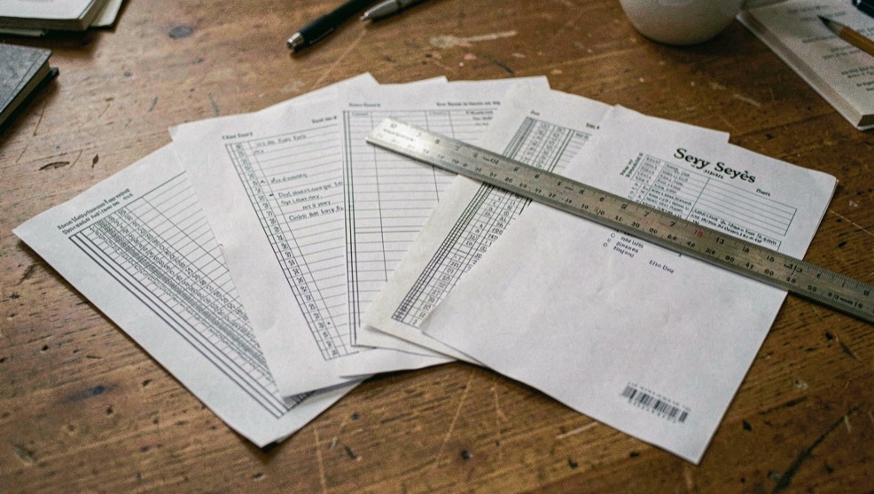 Quatre feuilles de lignages différents étalées en éventail sur une table, de la grosse double ligne au Seyès fin, une règle graduée posée dessus pour montrer la hauteur des interlignes.