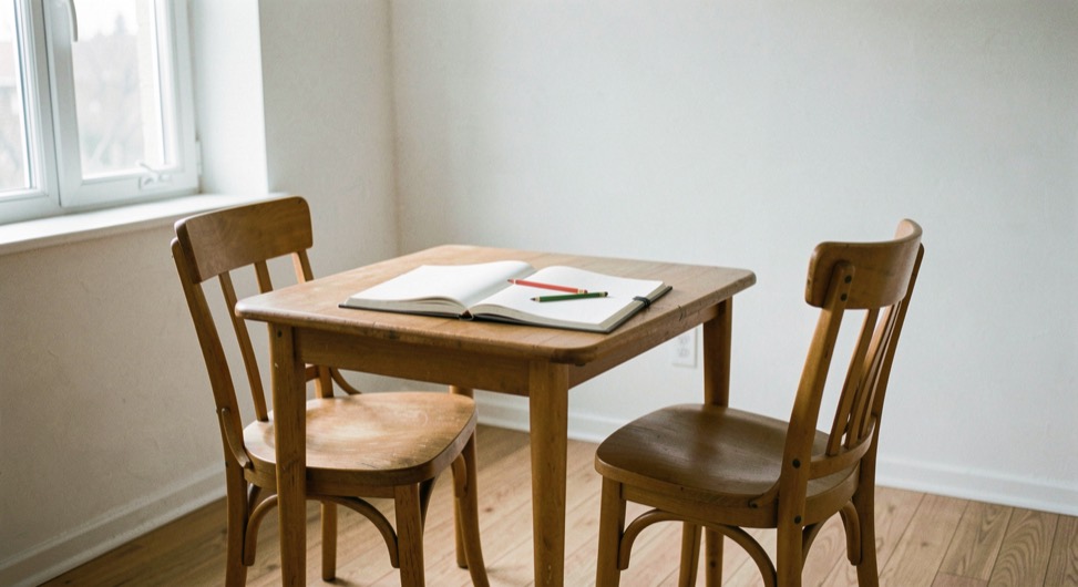 Deux chaises de hauteurs différentes face à une petite table de travail, un cahier à grosses lignes ouvert et deux crayons posés dessus, une fenêtre à gauche qui éclaire la table, la pièce claire et vide de tout objet personnel.