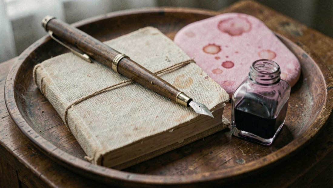 Un porte plume ancien posé en travers d’un carnet à couverture toilée, une bouteille d’encre violette débouchée à côté, un buvard rose marqué d’auréoles sèches, sur un plateau de bois sombre.