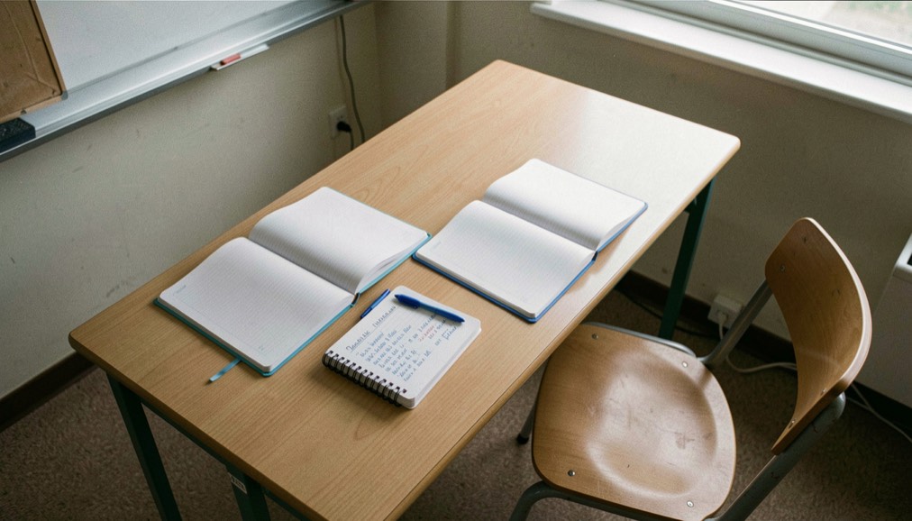 Une table de classe vue de haut, deux cahiers ouverts côte à côte, un agenda scolaire annoté au stylo bleu, une chaise d’adulte tirée près du bureau d’élève, lumière de néon adoucie par la fenêtre.