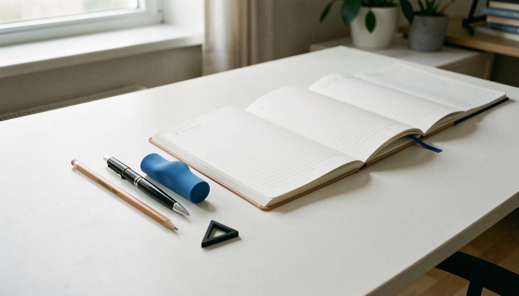 Sur un bureau clair, alignés côte à côte, un crayon triangulaire, un stylo plume à section moulée, un guide doigt en caoutchouc bleu et trois cahiers ouverts à des réglures différentes, vus de trois quarts.